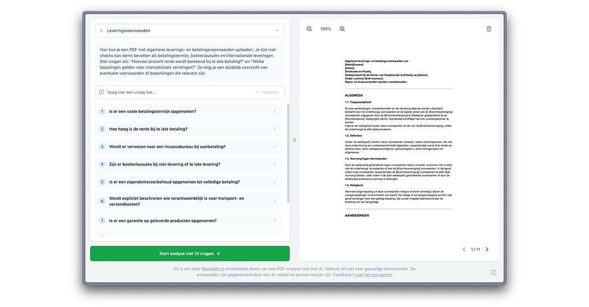 PDF-analysetool met een vragenlijst links en de documentweergave rechts